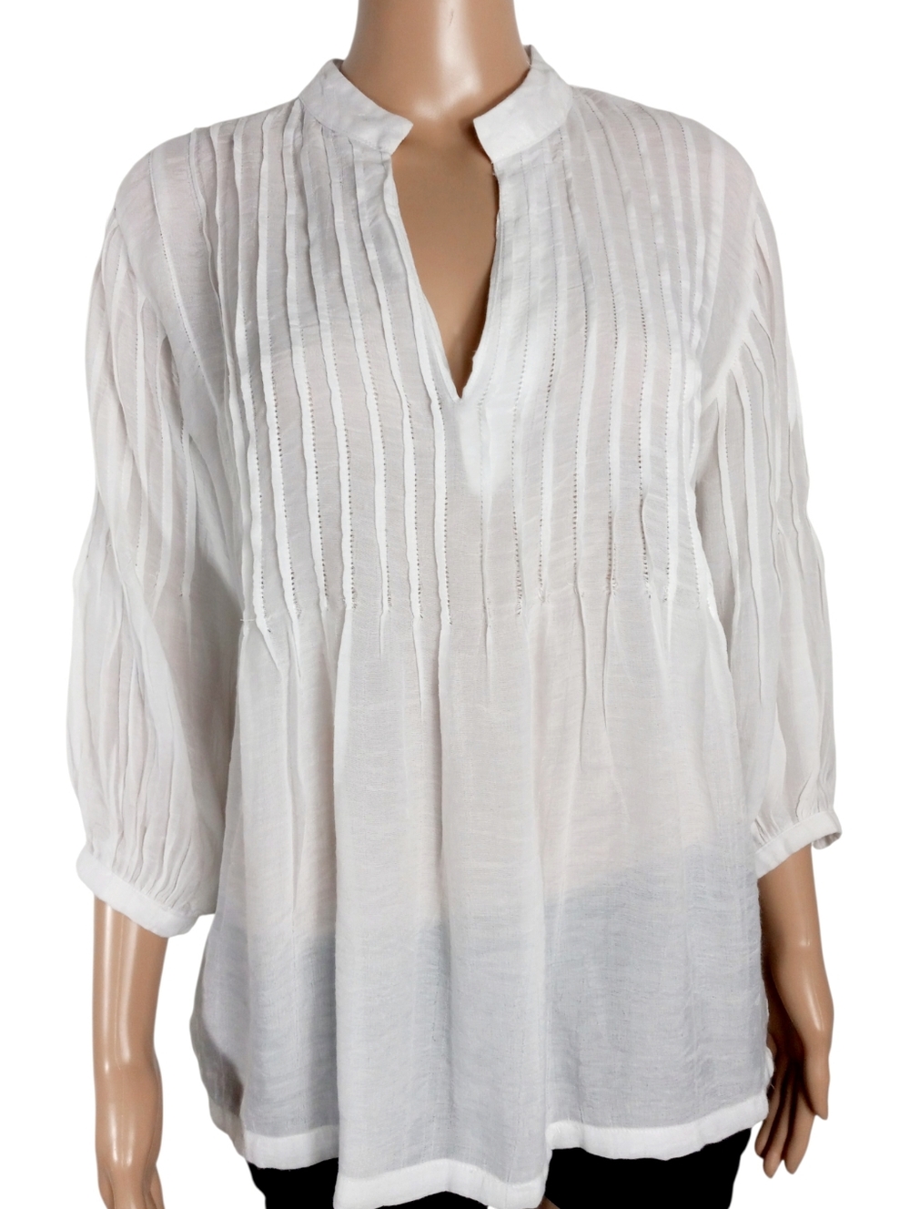 White Pintuck Split-Neck Women's Top